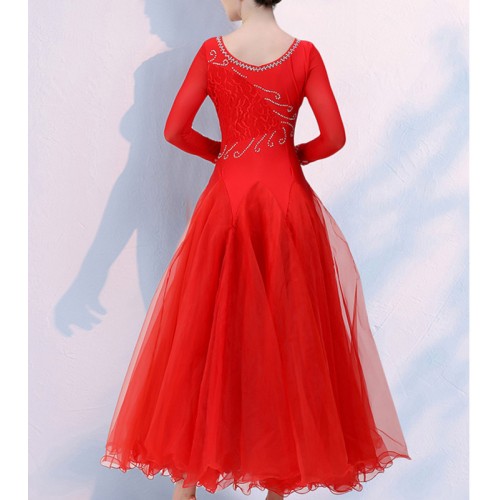 Black red pink lace ballroom dancing dresses with diamond for women girls professional competition ball room waltz tango foxtrot smooth dance costumes